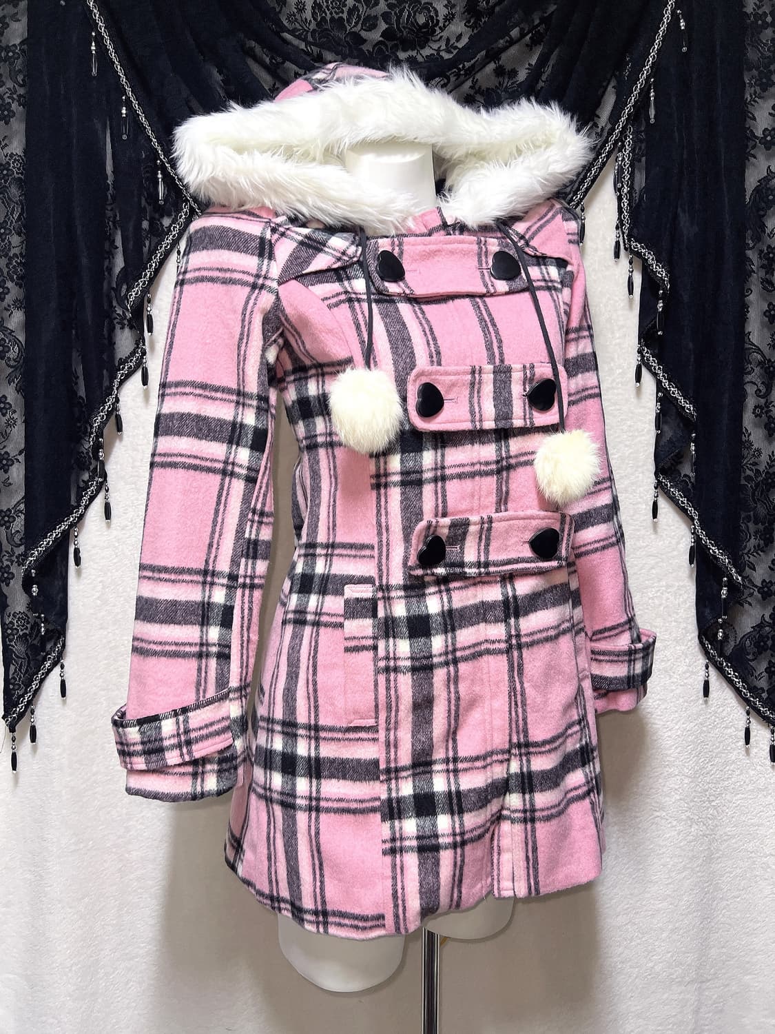 트랄라라 리즈리사 핑크 체크 퍼후드 폼폼 떡볶이코트 로맨틱갸루 로걀 핀터 상품이미지5