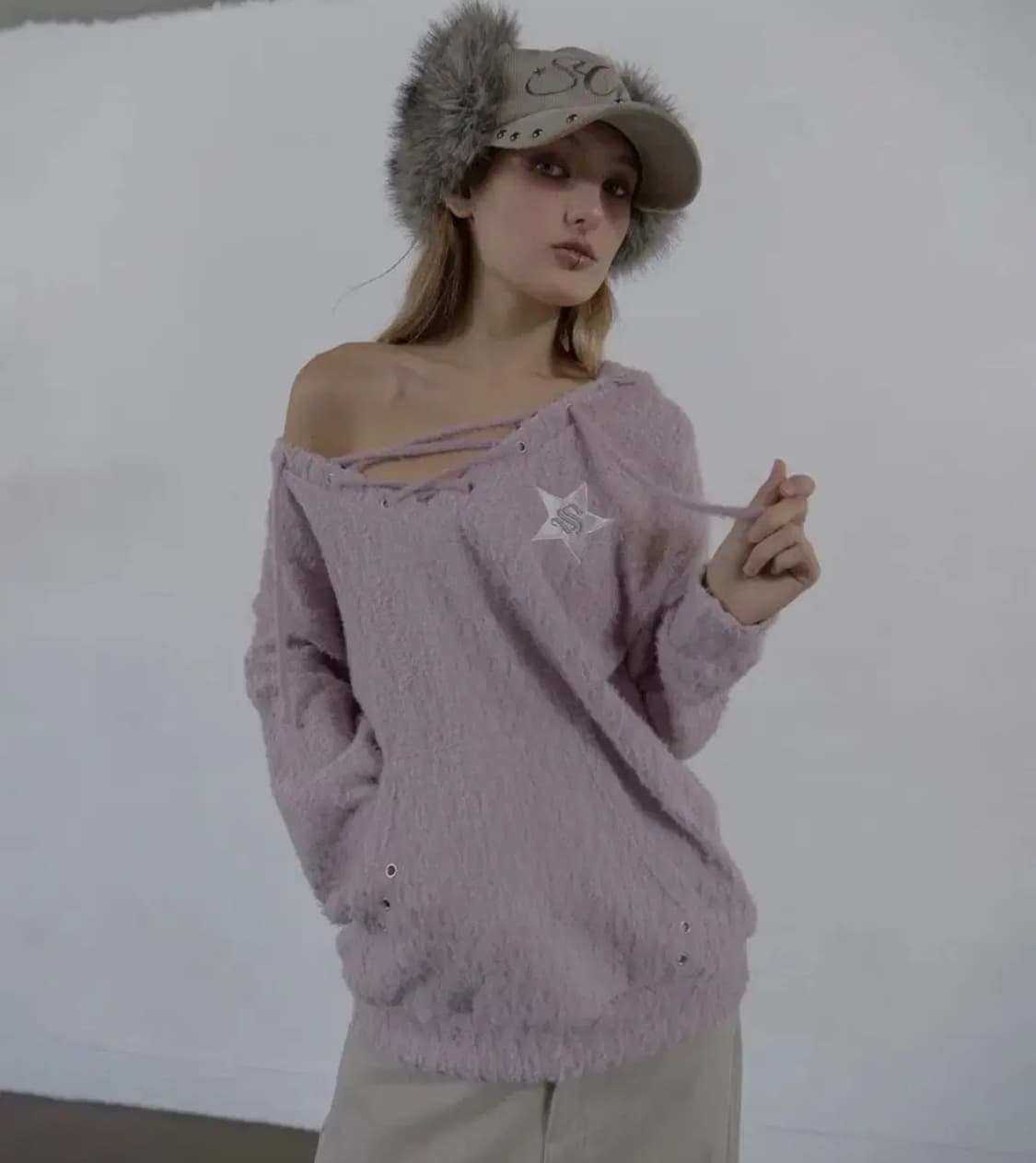 셋업이엑스이 헤어리 브이넥 니트 후드 라일락 후드티 상품이미지1