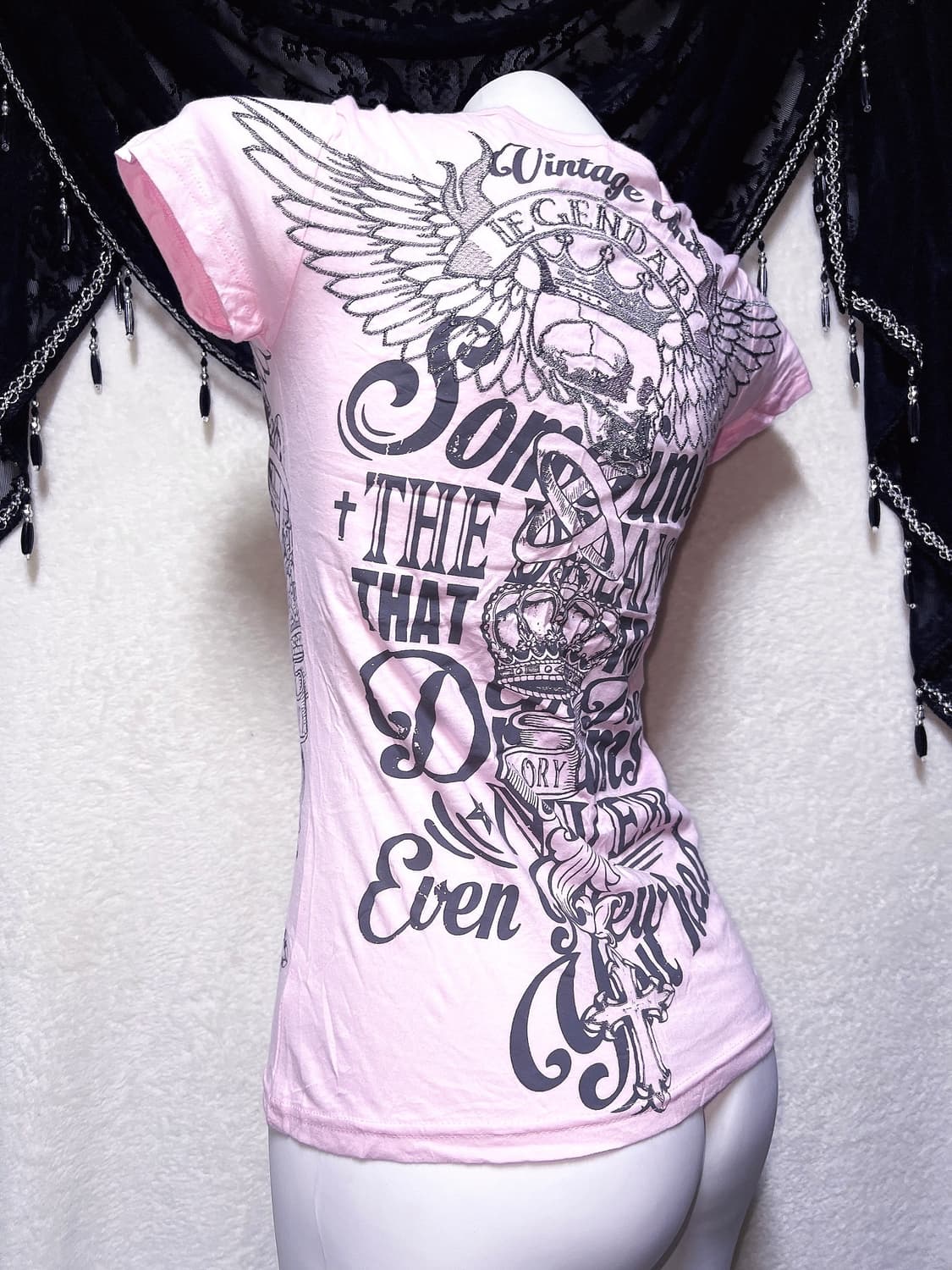 글리츠 glitz y2k 펑크 갸루 날개 윙 해골 레터링 프린팅반팔 핀터 상품이미지1