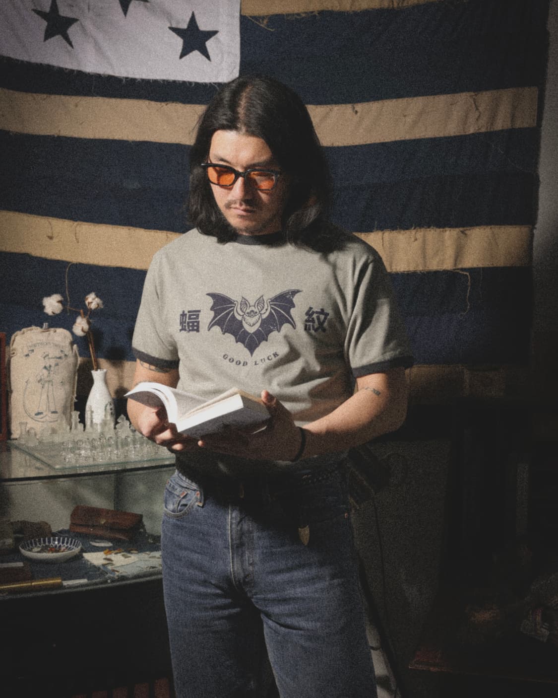 모쿠토 박쥐패턴(Good Luck) 링거티 - 차콜 M/L/XL 상품이미지6