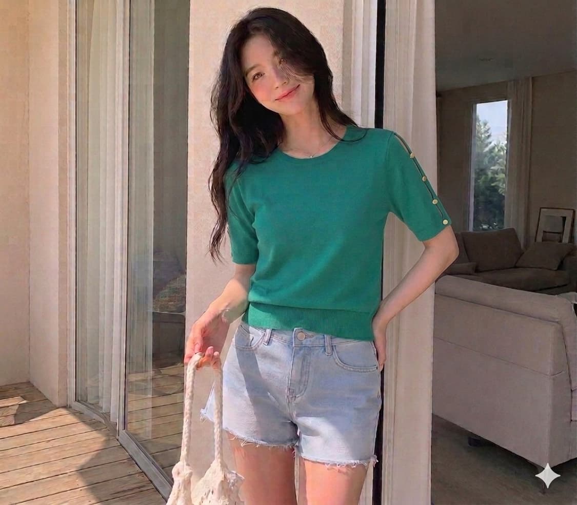 [SIZE 36] ANAYI 소매 골드버튼 슬릿 하프 니트 (그린) 상품이미지1