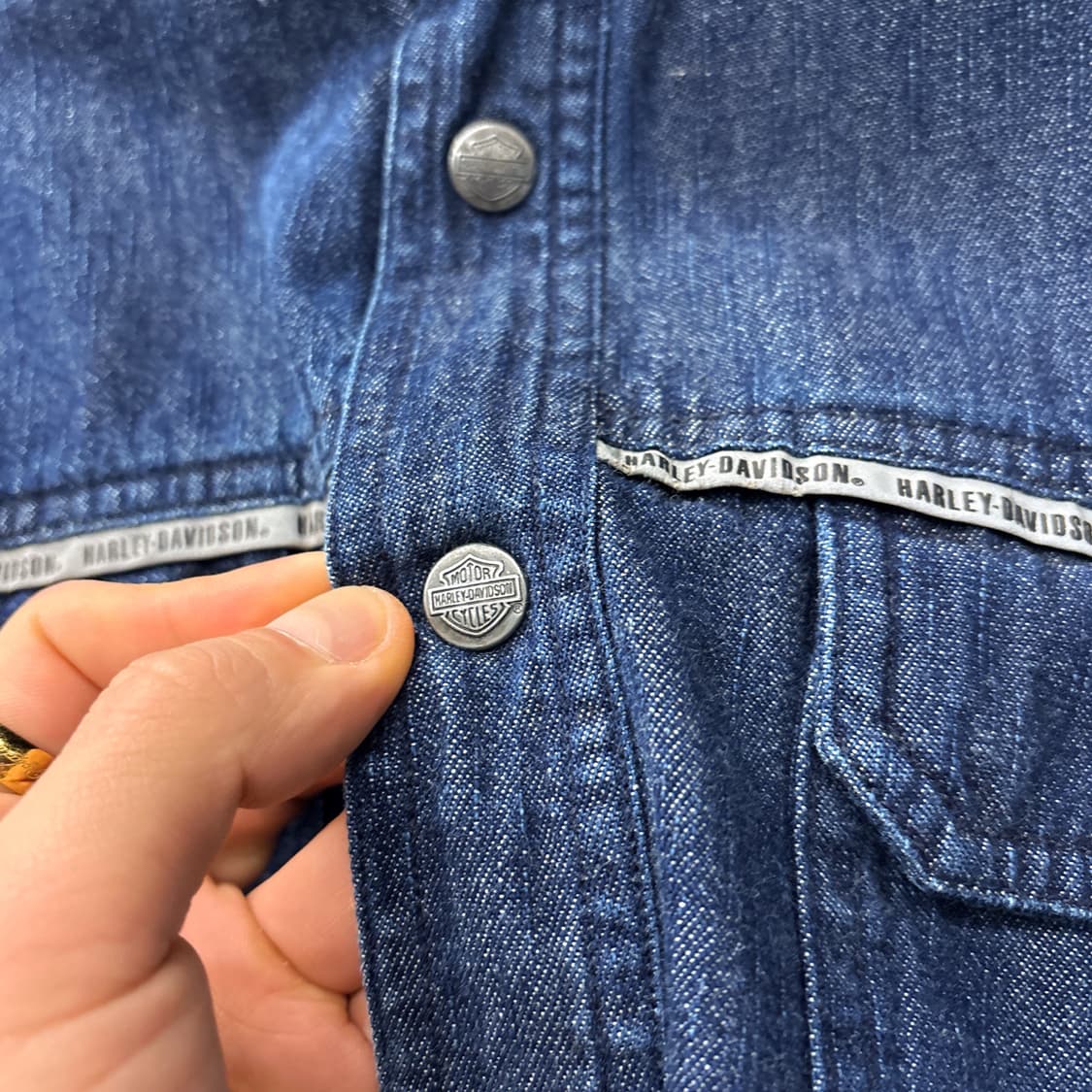 00s 할리데이비슨 내츄럴 워싱 데님 워크셔츠 로고스냅 N1252 상품이미지7