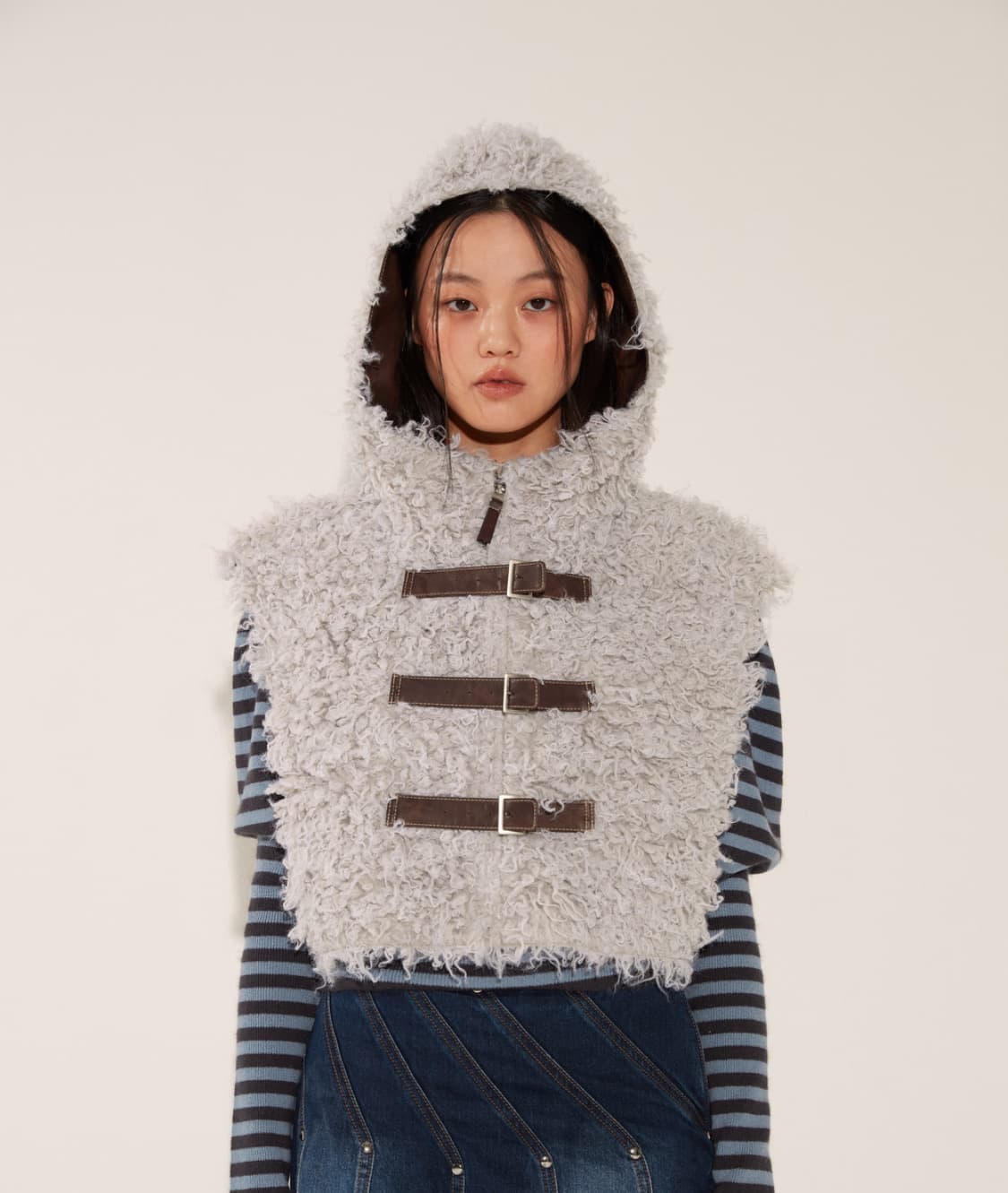 솔티페블 무스탕 후디 베스트 - 브라운  상품이미지1