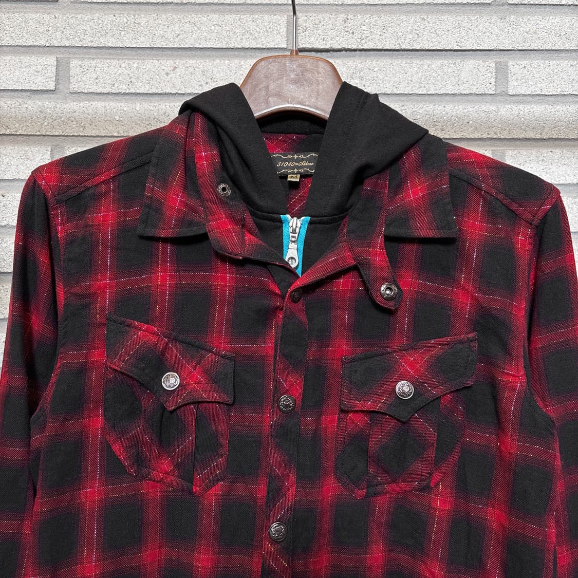 JPN VINTAGE 후드 레이어드 셔츠자켓 퍼팔로체크 펄 디테일 레드 상품이미지4