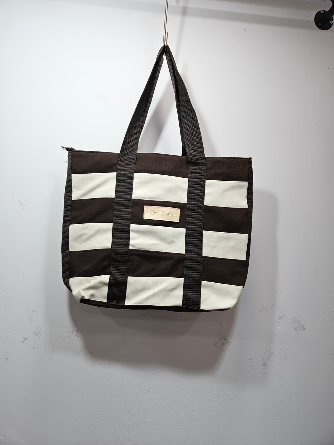 베이지/브라운 스트라이프 캔버스 토드백(에코백) 상품이미지1