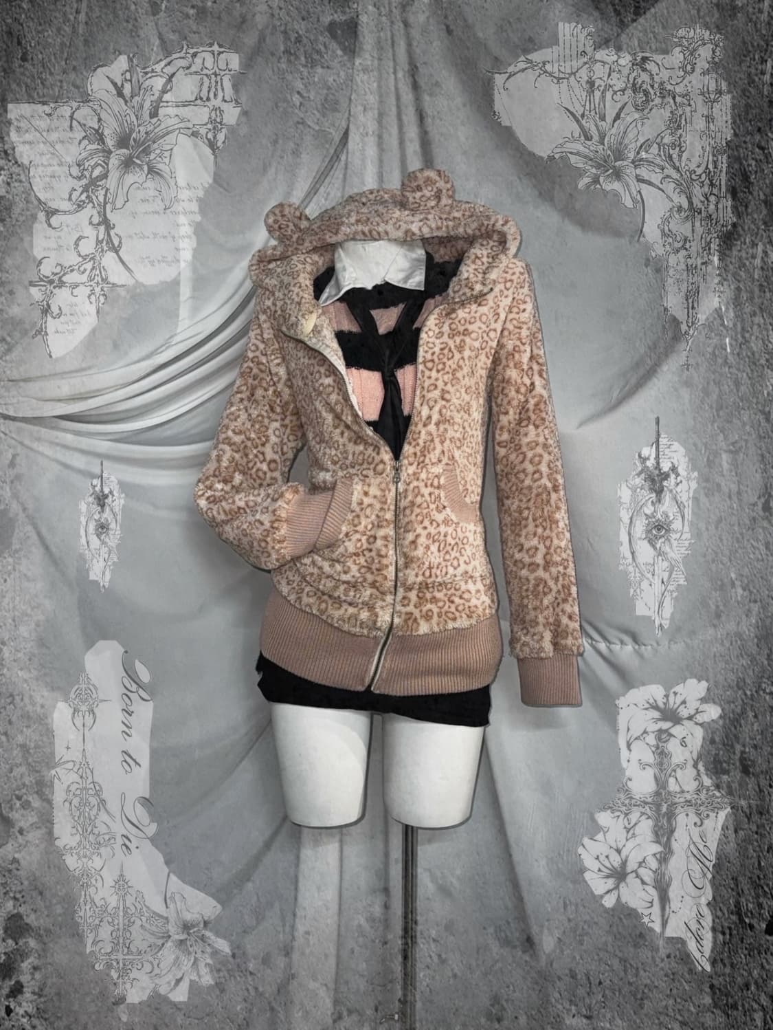 뮤트핑크 레오파드 곰돌이 갸루 데미지 스트라이프 니트 코디세트  상품이미지1