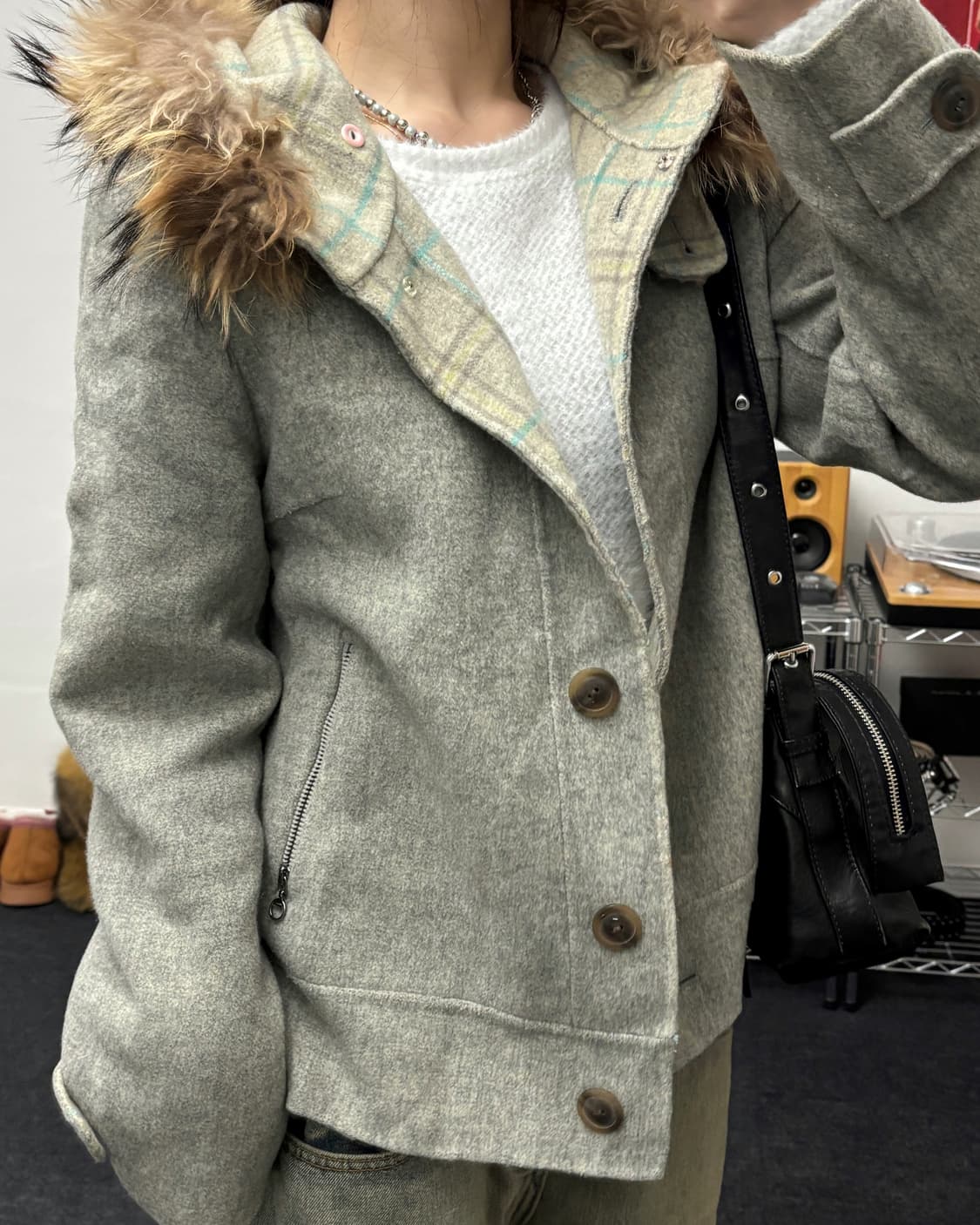 올드 빈티지 퍼 후드 울 자켓 상품이미지1