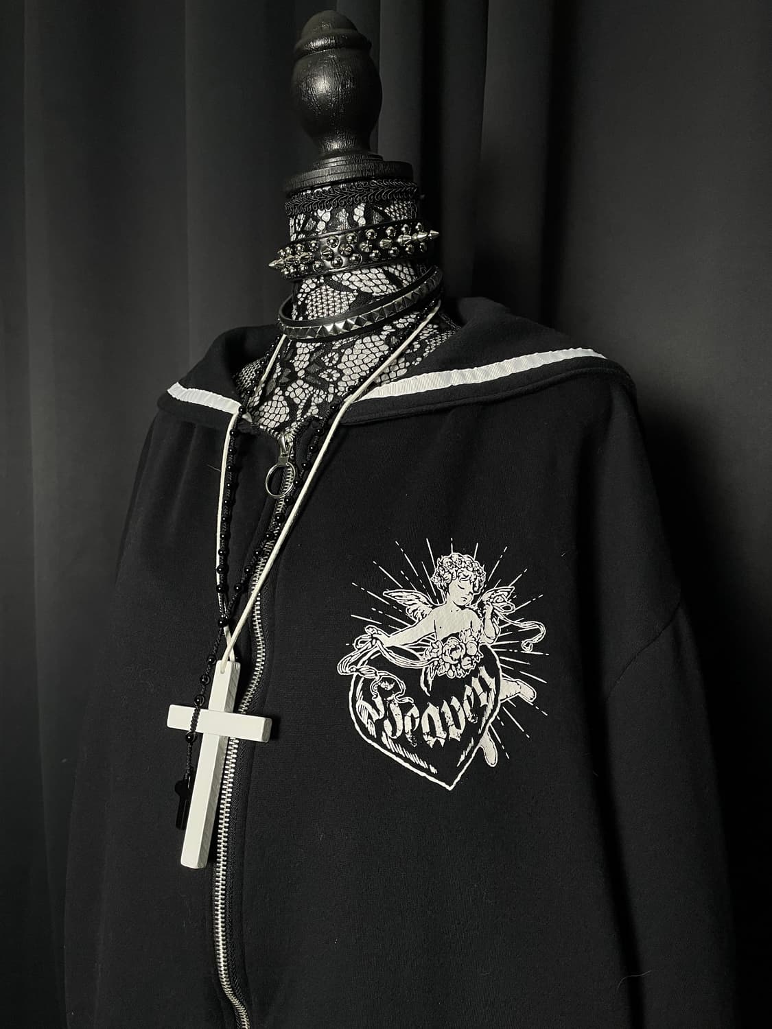 JPN 펑크 세일러 카라 천사 블랙 후드집업 상품이미지6