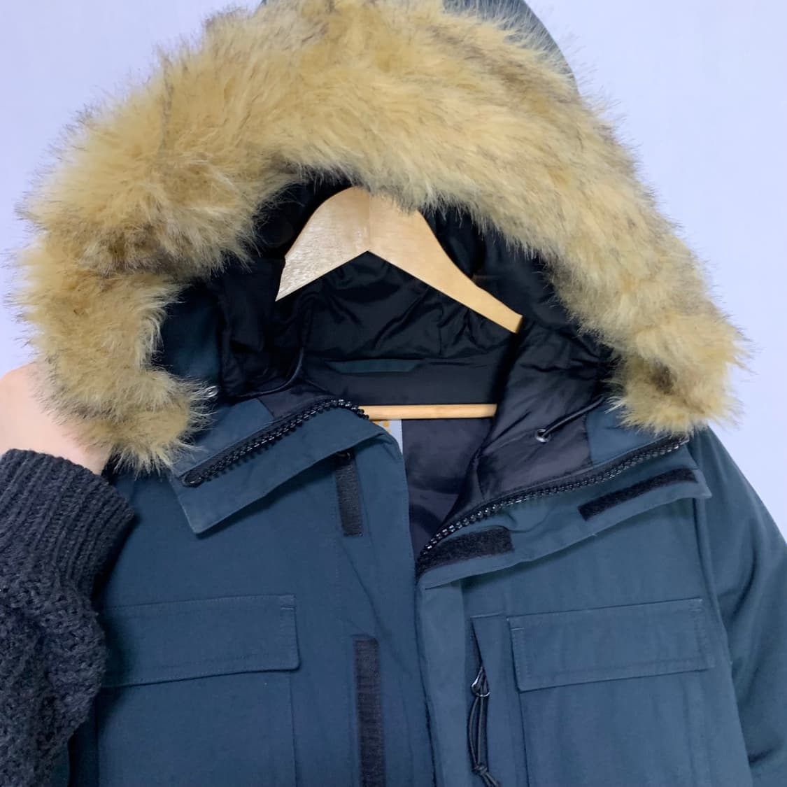 칼하트 빈티지 퍼 후드 야상 패딩 블루그린 남성 XS 남녀공용 상품이미지6