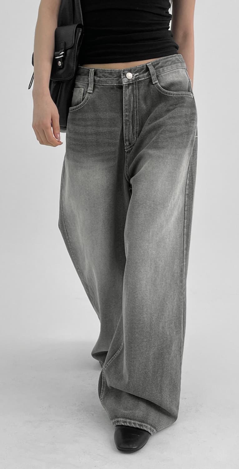 블랙업 리포 스냅버튼 워싱 와이드 데님팬츠 그레이 M 상품이미지1