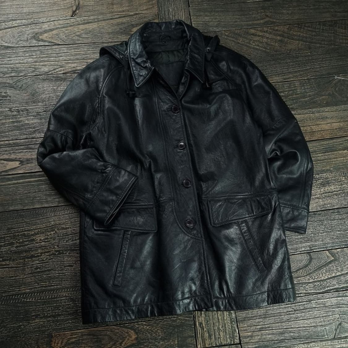 [빈티지] 리얼 쉽스킨 양가죽 후드 레더 코트 M18619 상품이미지1