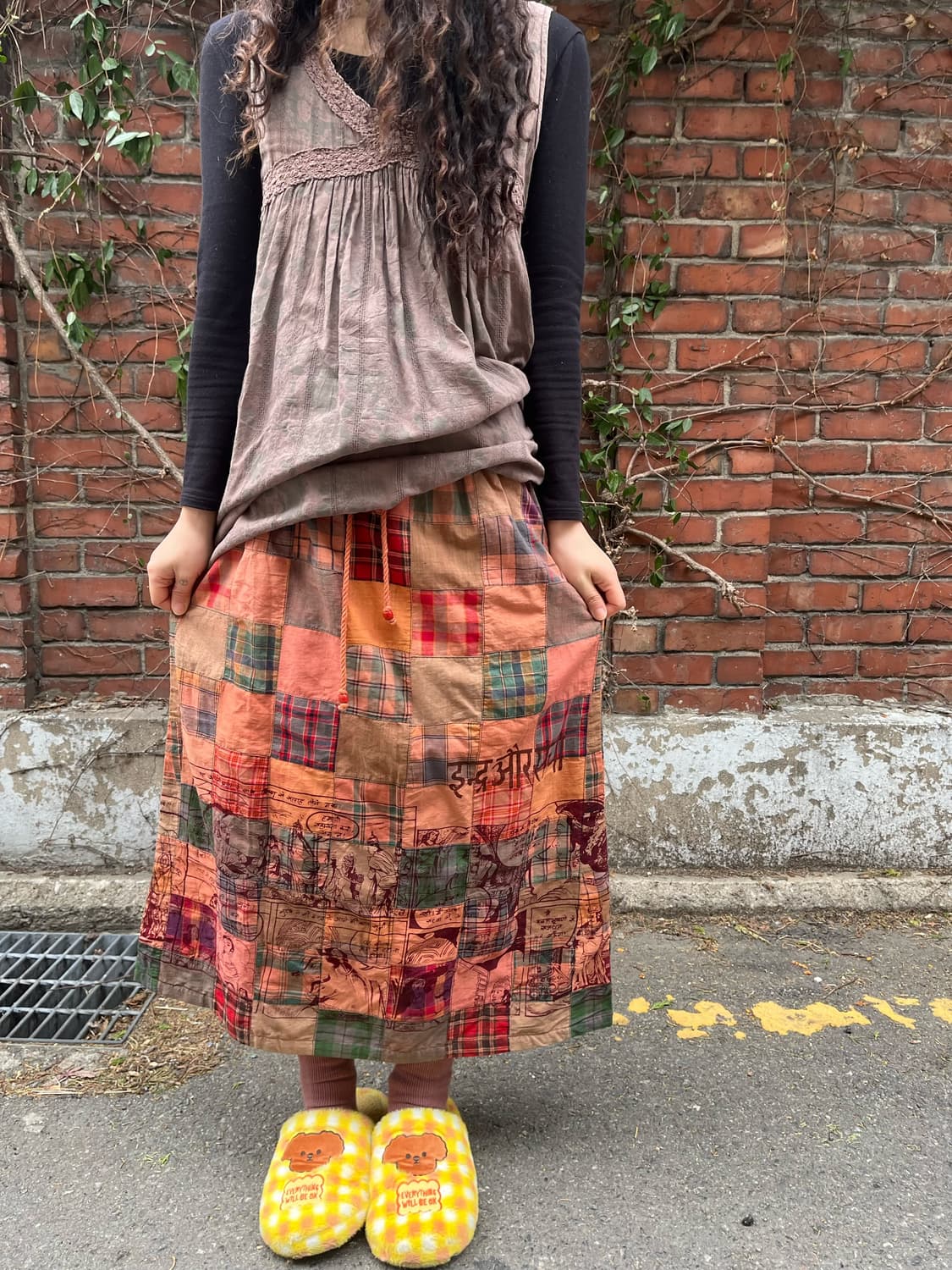 히피 문양 체크 패치 롱스커트 상품이미지2