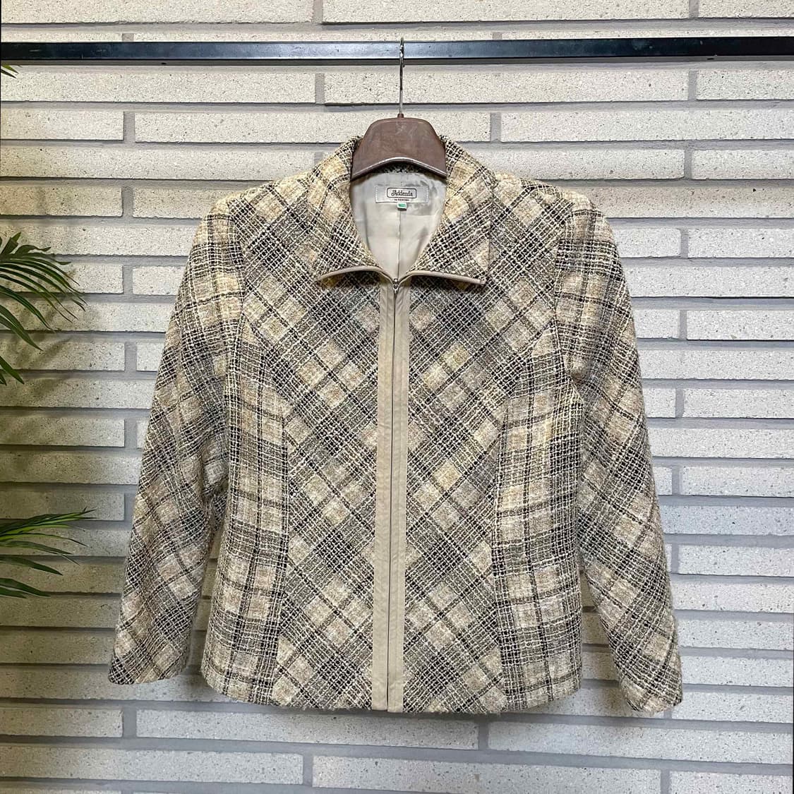 JPN VINTAGE 트위드 집업 자켓 하이넥 체크 패턴 디테일 아이보리 상품이미지2