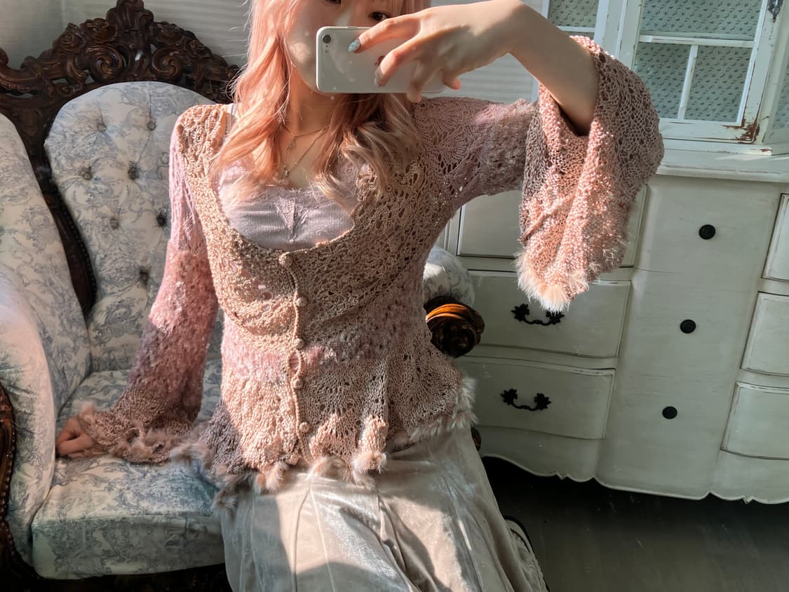 페어리 핑크 퍼 트리밍 아카이브 레이스 니트 가디건 상품이미지3