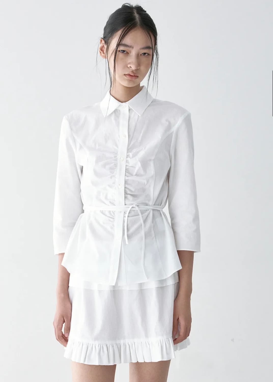 Seo 에스이오 화이트 코튼 타이 웨이스트 셔츠 SHEER TIE 상품이미지1