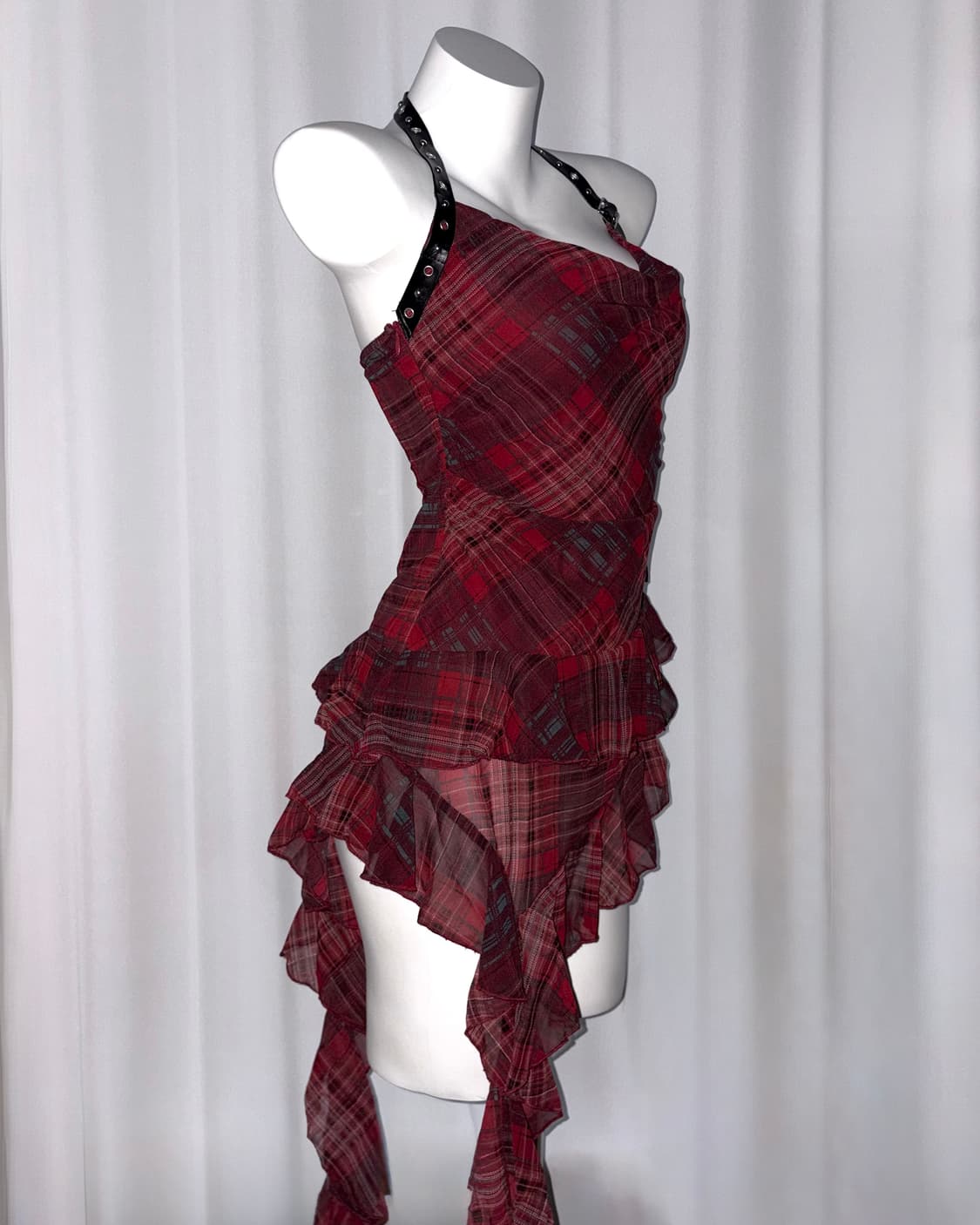 misako punk 나나 갸루 펑크 벨트 레드 체크 프릴 원피스 드레스 상품이미지2