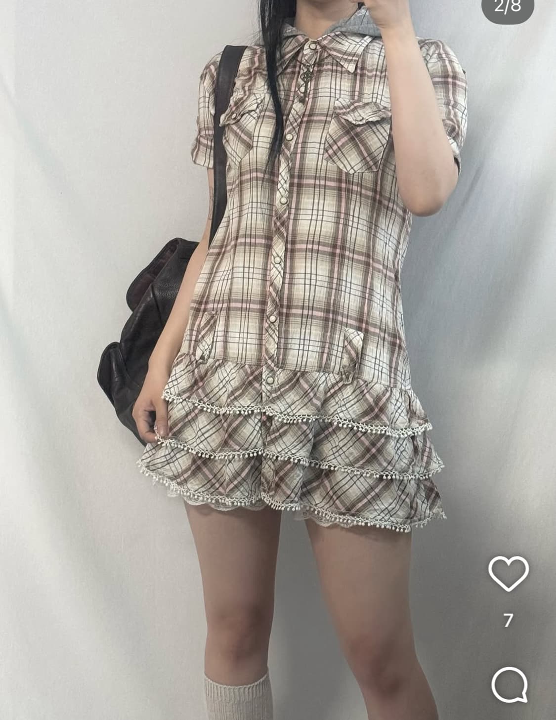 언샤픈빈티지 체크 셔츠 블라우스 원피스 레이어드 프릴 히메갸루 라떼갸루 상품이미지2