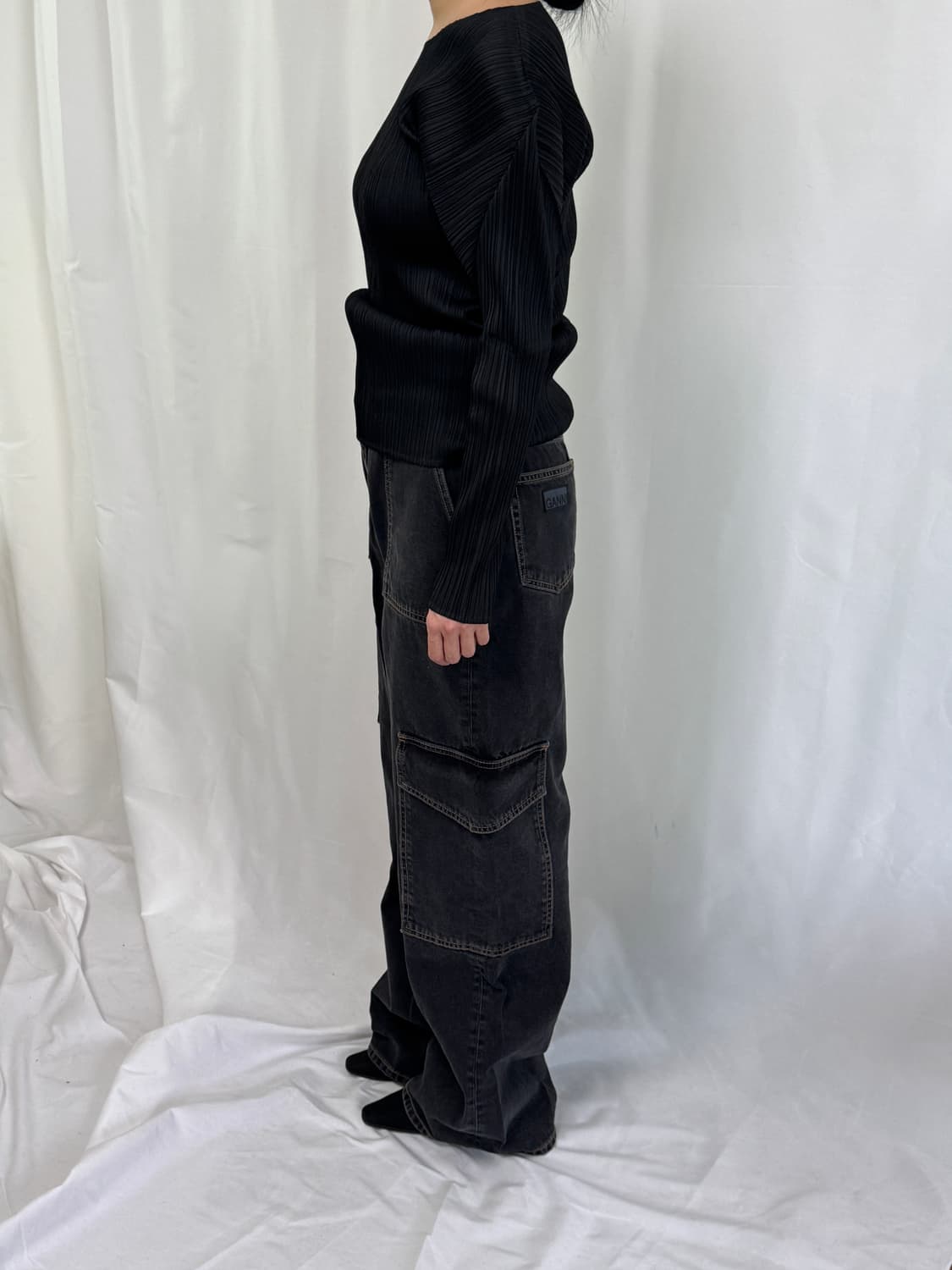 GANNI 가니 와이드 카고 데님 진 흑청바지 28 상품이미지4