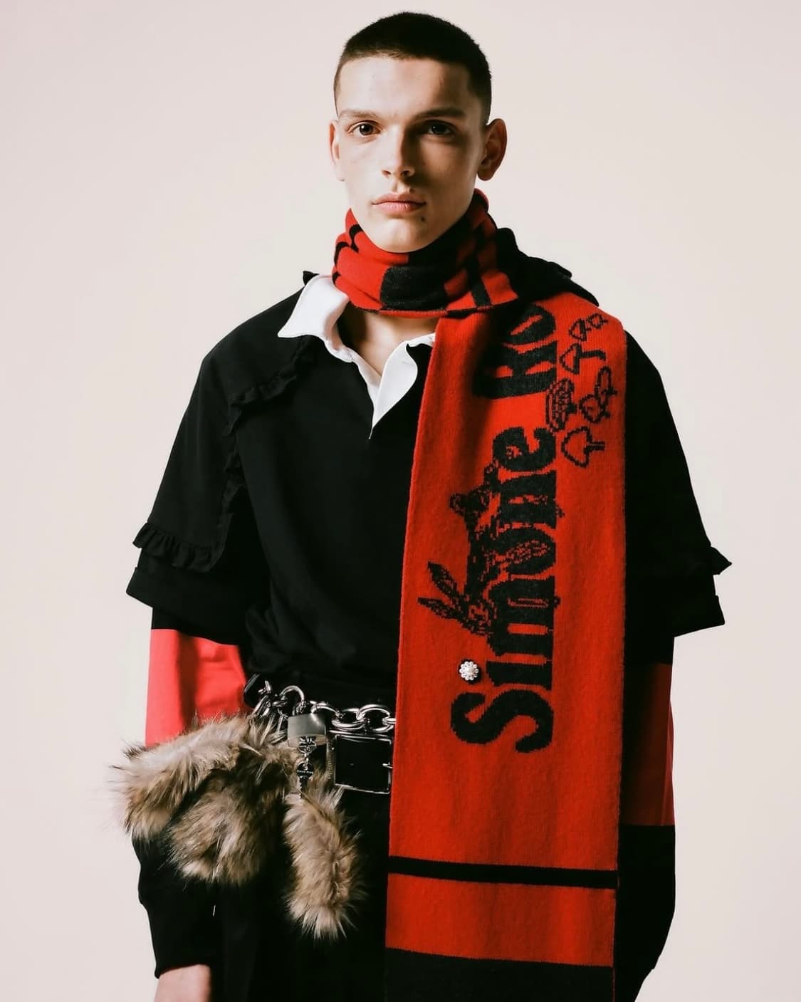 시몬로샤 25fw 러플 캐시미어 머플러/레드 상품이미지1