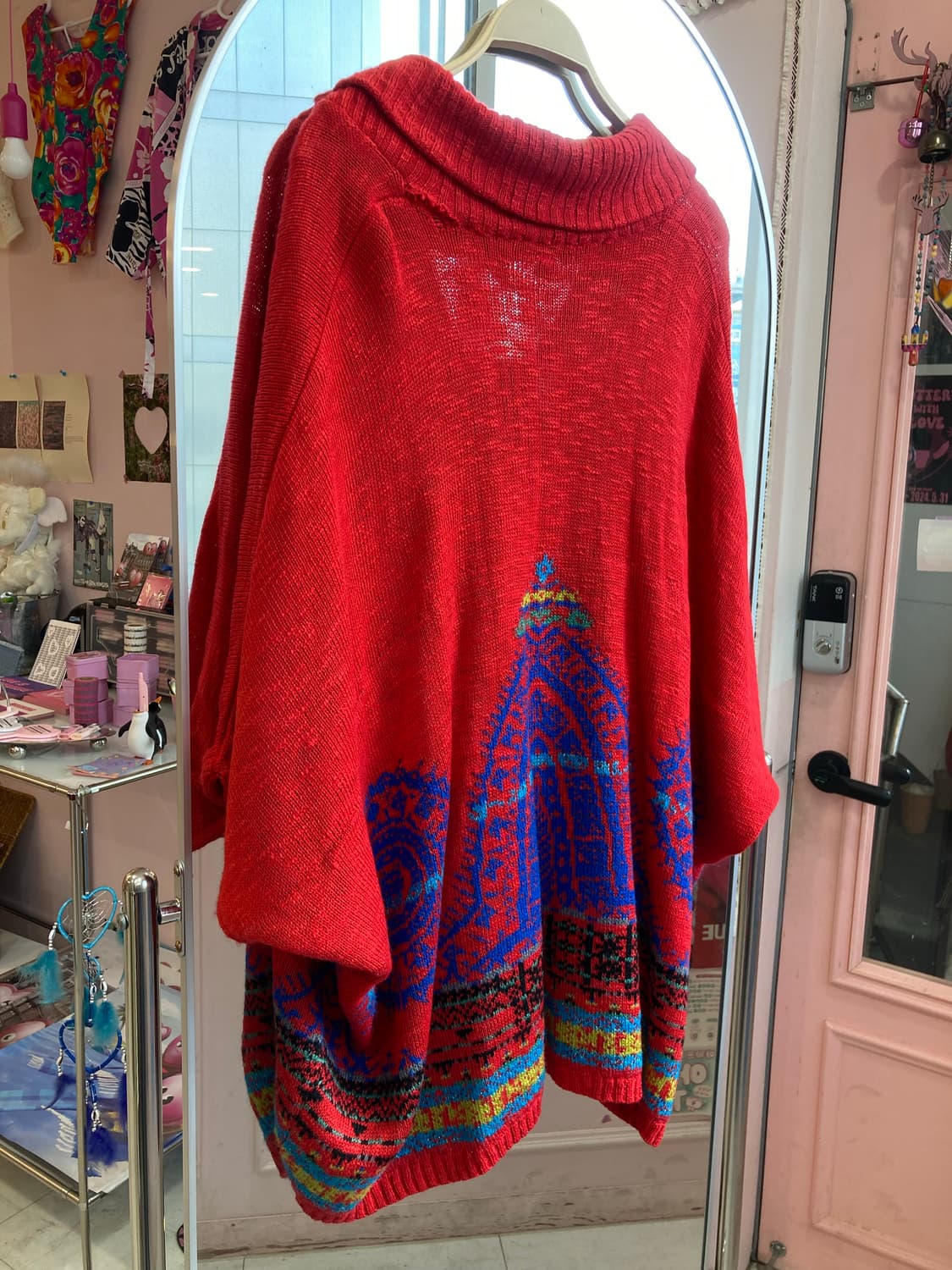 에스닉 패턴 레드 판초 상품이미지4