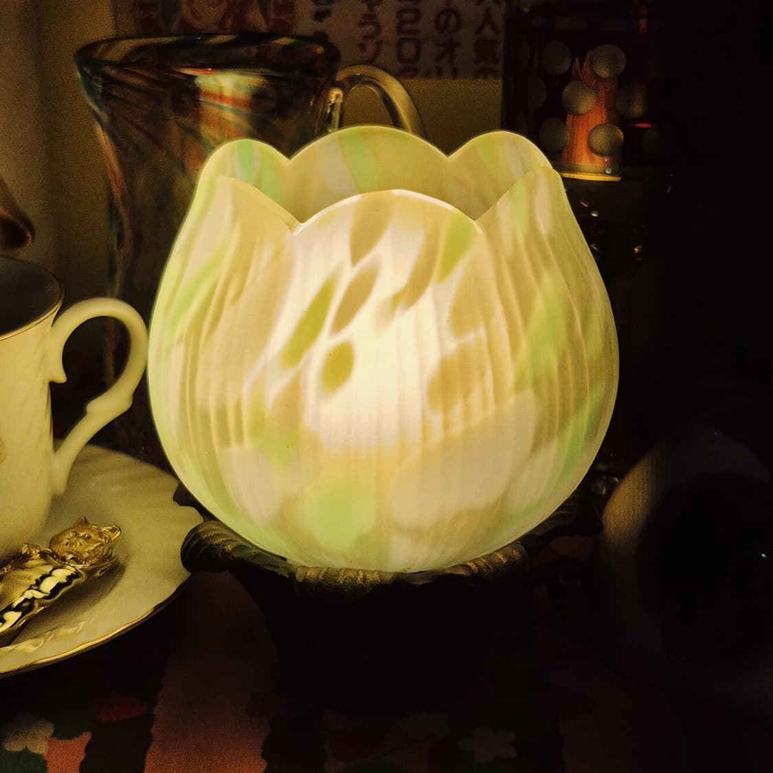 90s 호야 크리스탈 그린 마블 튤립 화분 조명 상품이미지1