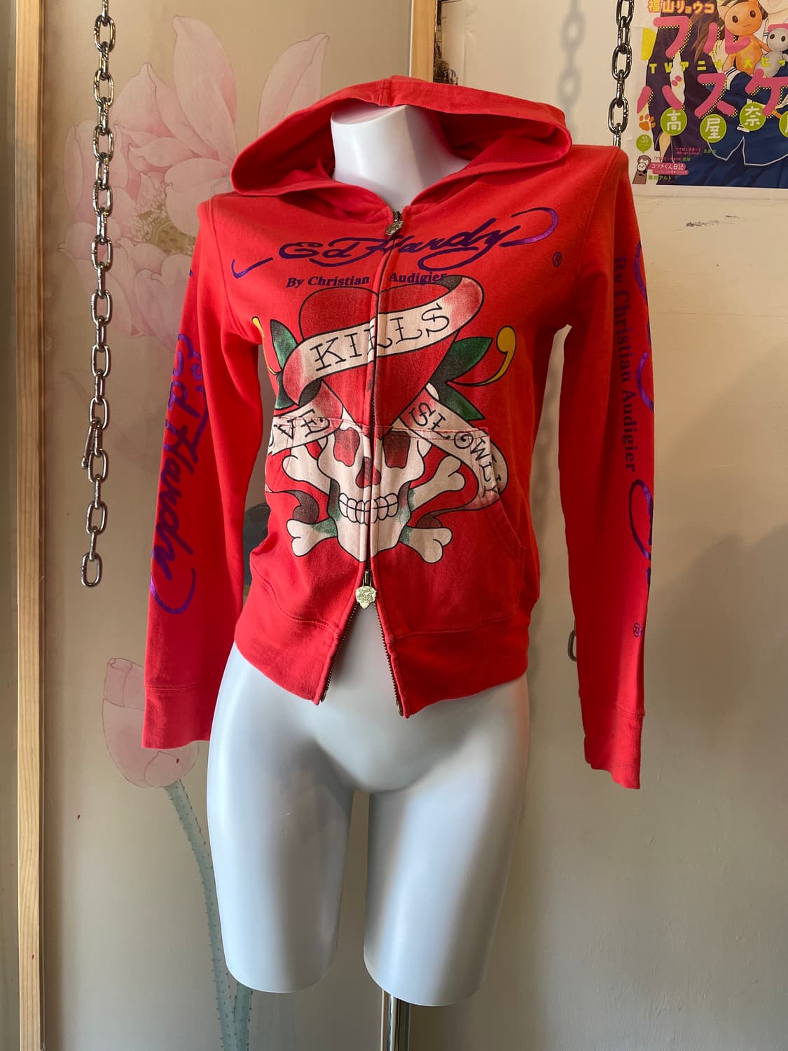 ed hardy 에드하디 스컬 레터링 큐빅 레드 후드 집업 y2k 펑크 상품이미지1