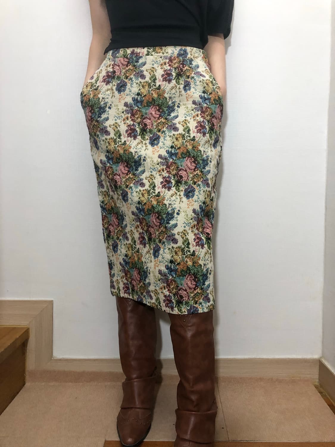 빈티지 베이지 자카드 스커트 상품이미지1