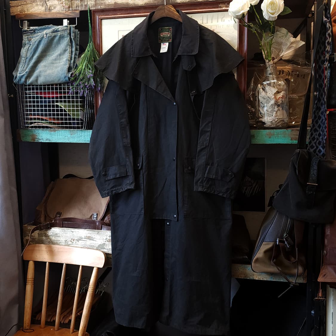 90s 잉글랜드 컨트리 왁스자켓 스톡맨 케이프 왁스코트 레인코트 블랙 L 상품이미지2