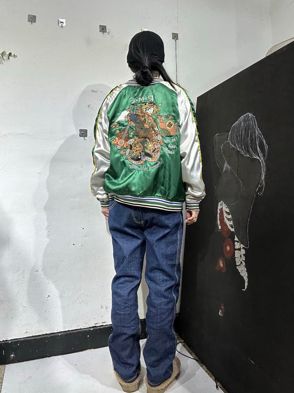 일본빈티지 R.M.C 초록 게이샤 자수 스카잔 M 상품이미지5