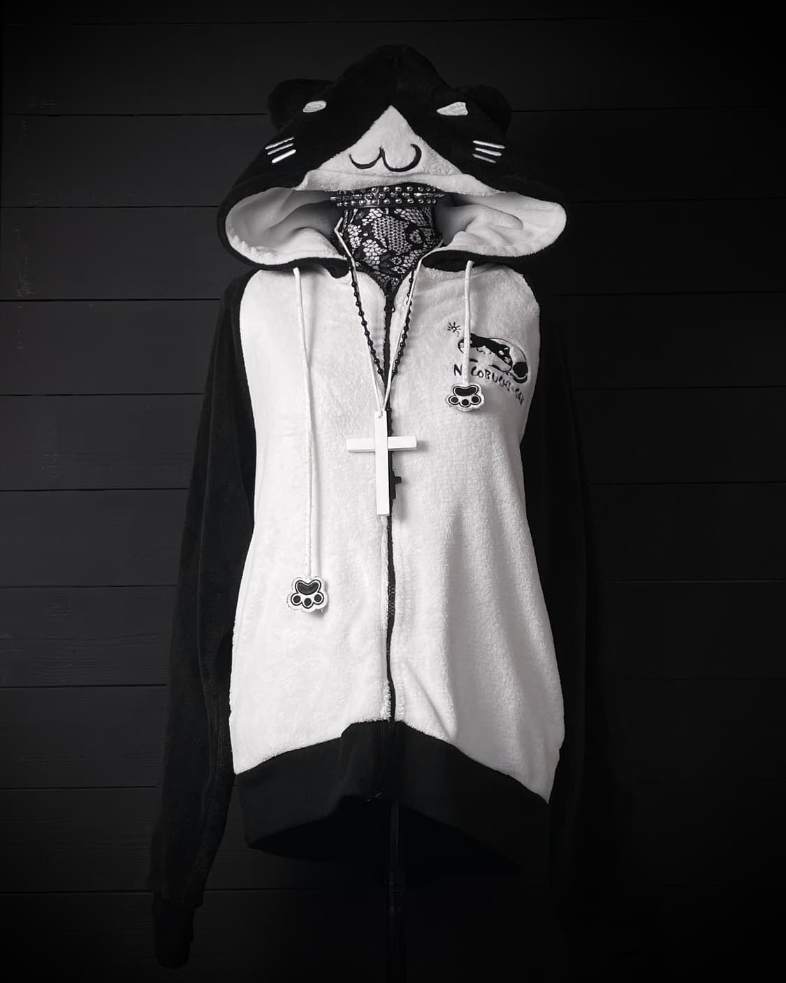 JPN 네코미미 발젤리 나그랑 블랙 화이트 후드집업 상품이미지1