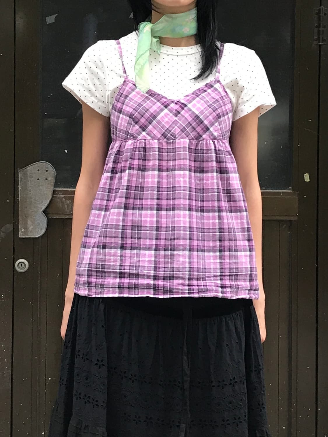 일본빈티지 핑크 체크 슬리브리스 상품이미지2