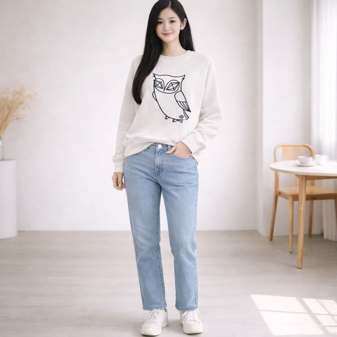 럭키슈에뜨 부엉이 프린팅 라운드넥 래글런 맨투맨 상품이미지1