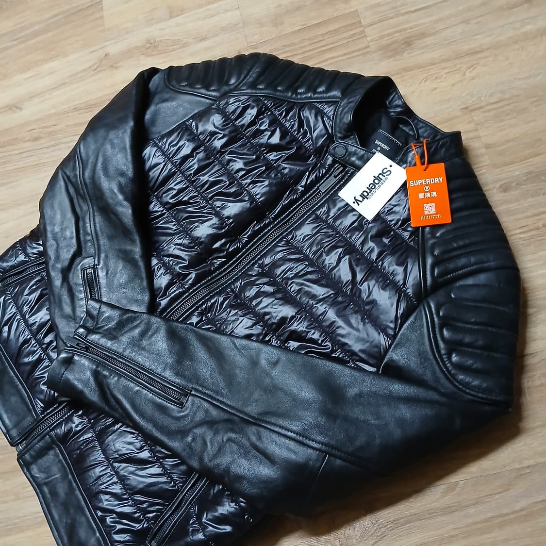 택붙은 미사용 SUPERDRY 슈퍼드라이 가죽 퀄팅 바이크 자켓 상품이미지1