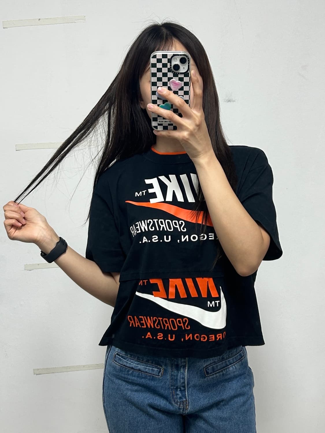 나이키 NSW 더블 빅스우시 크롭 반팔 티셔츠 블랙 상품이미지1
