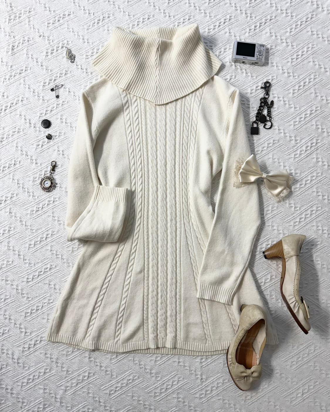 울 블렌디드 오프 숄더 폴라 넥 투웨이 케이블 니트 원피스 상품이미지6