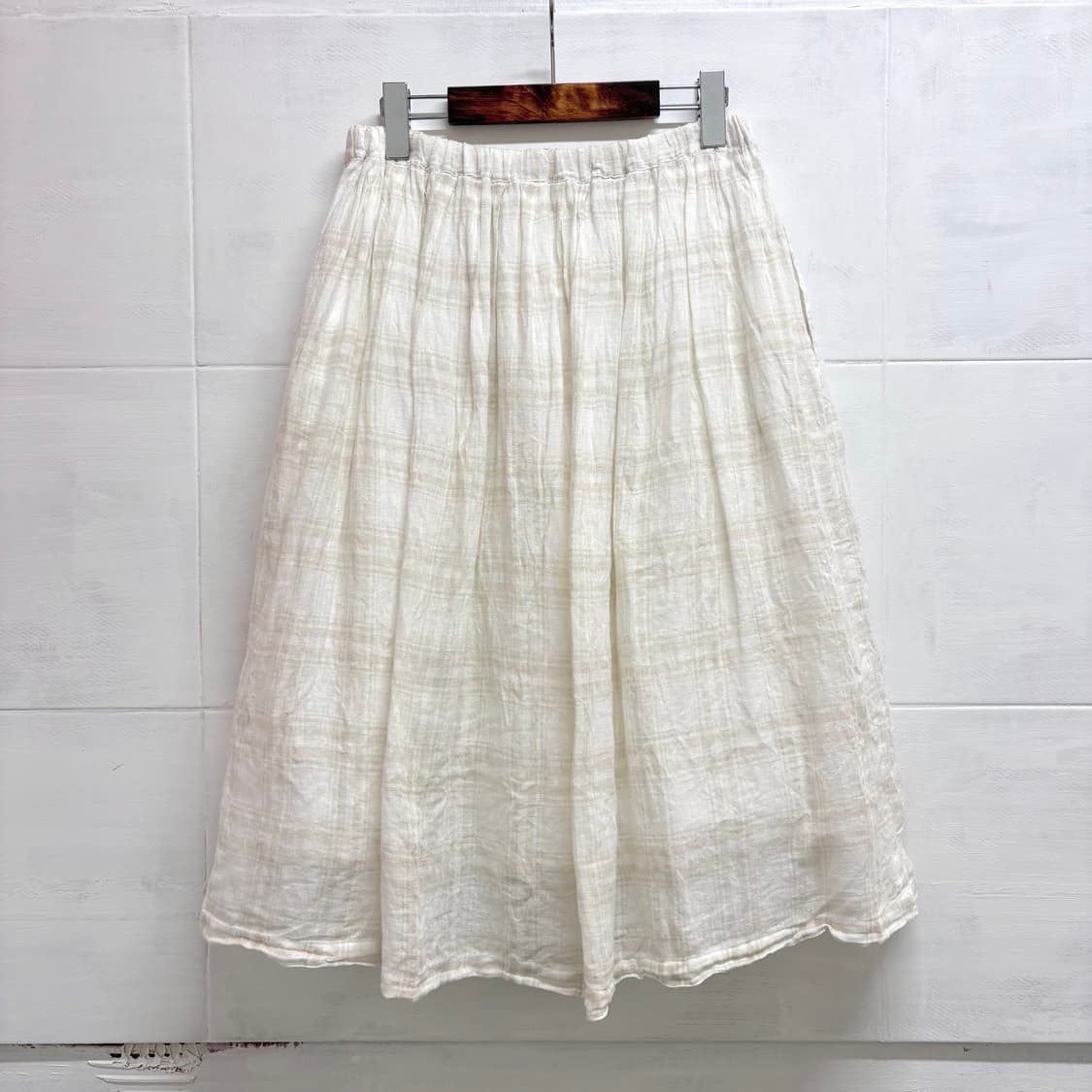 Pual ce cin 아이보리 린넨 모리걸 페어리 체크 미디스커트 JPN 상품이미지3