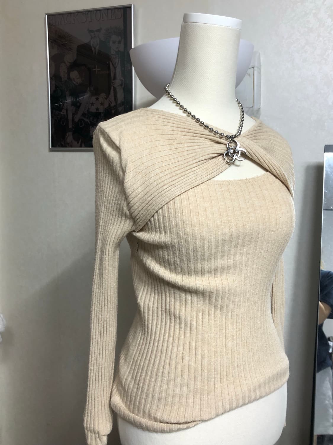 트임 베이지 슬리브 골지 니트 상품이미지2