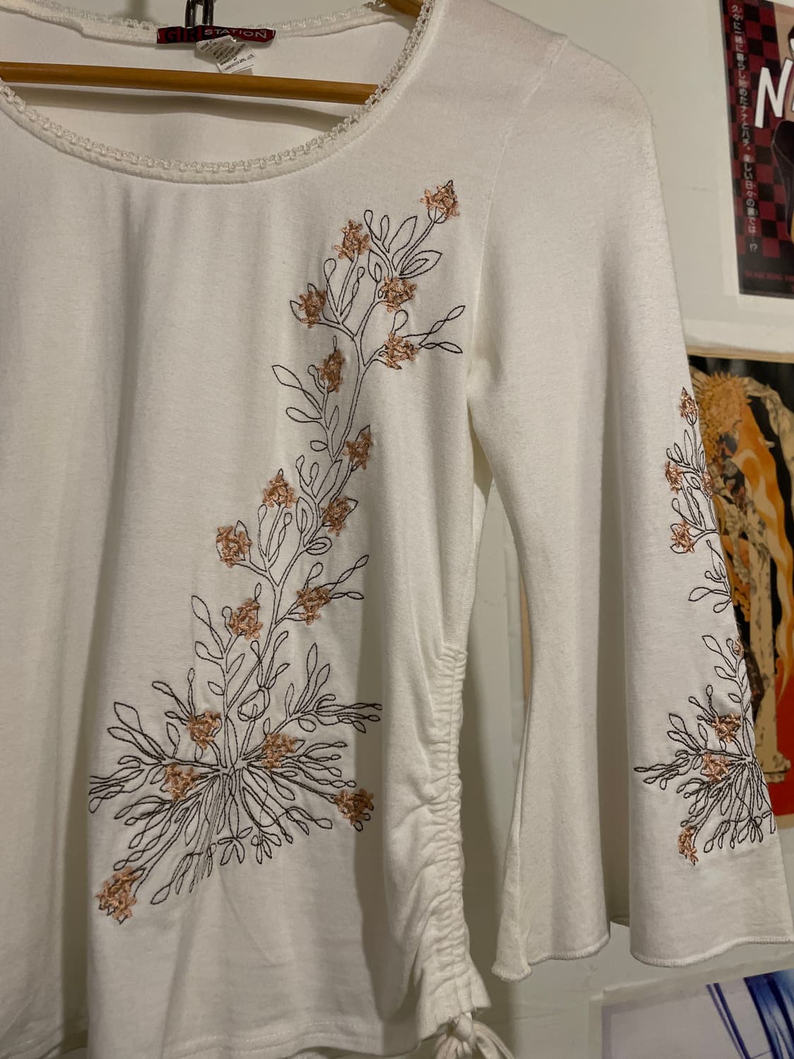 플라워 자수 셔링 화이트 플레어 7부 슬리브 모리 오리엔탈 보헤미안 상품이미지3