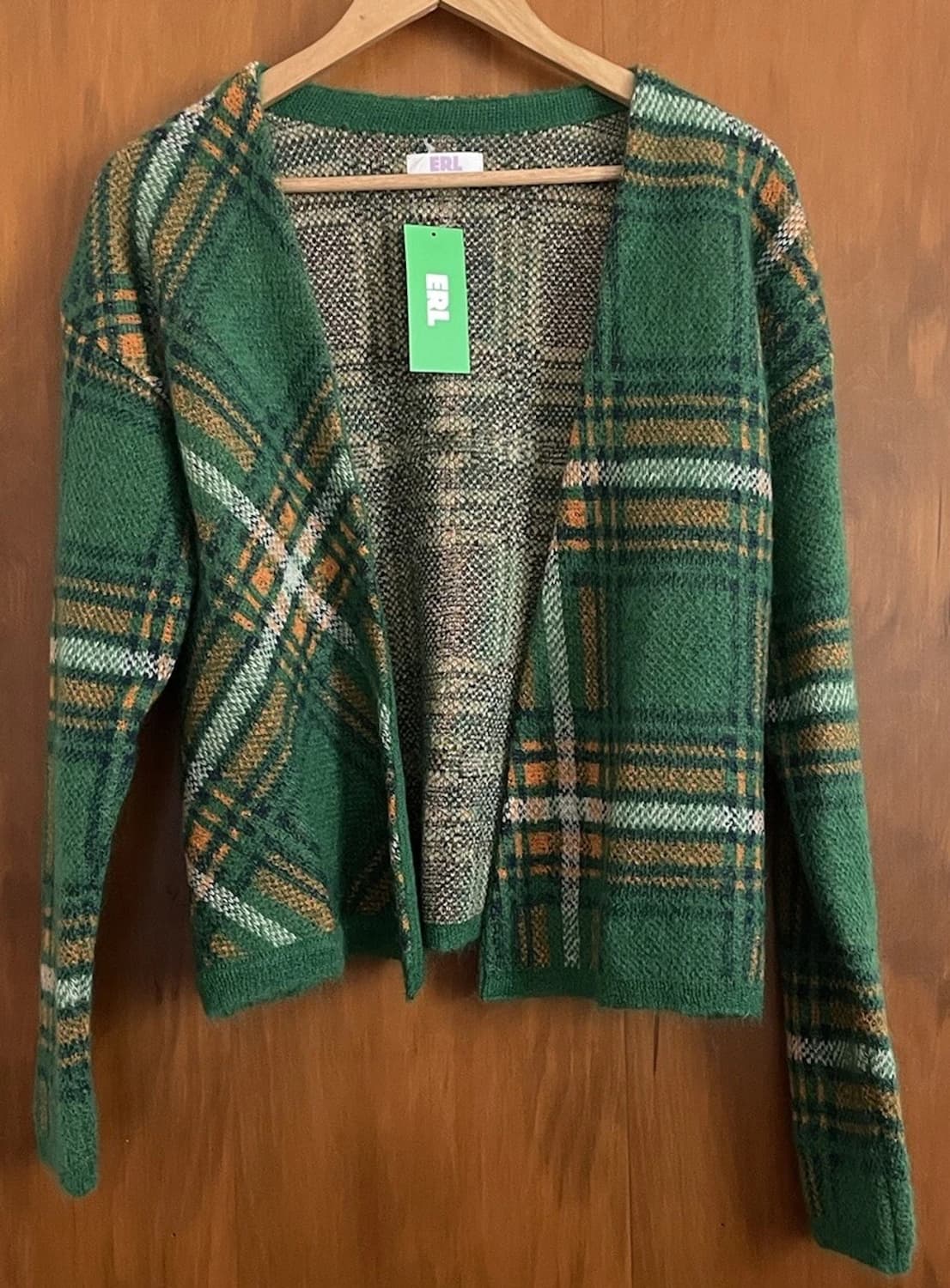ERL 이알엘 체크 패턴 니트 가디건 그린 상품이미지1