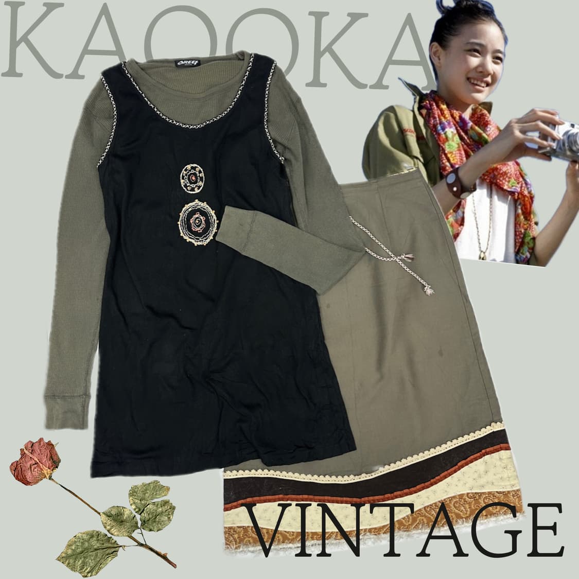 🪇하구미의 에스닉 코디세트🪇 카키 브라운 레이어드 스커트 히피 상품이미지1