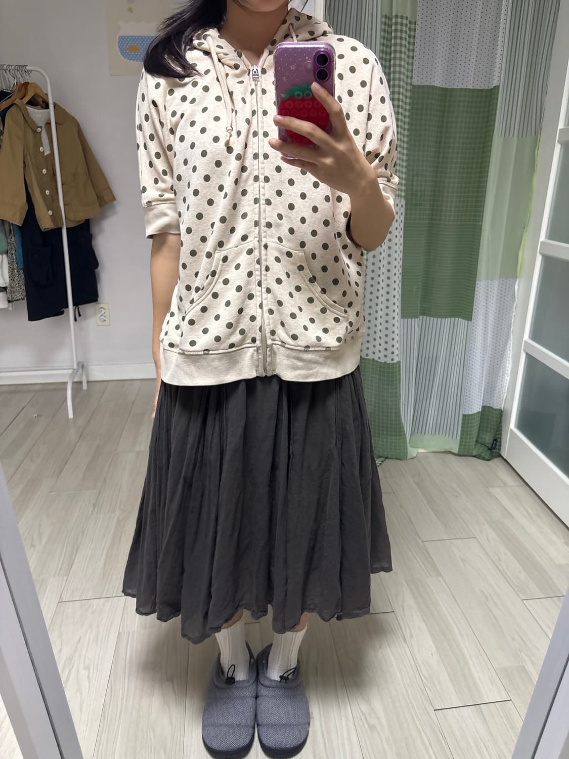 베이지 도트 반소매 후드집업 상품이미지9