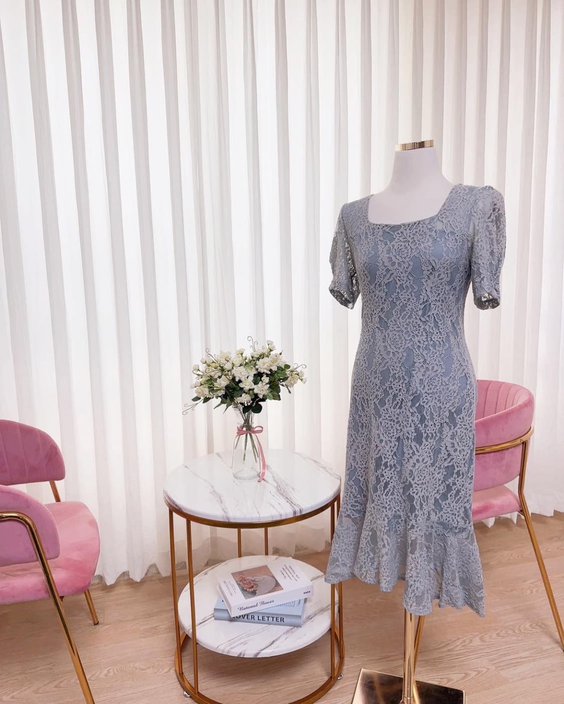 스퀘어넥 머메이드 어깨퍼프 레이스 원피스 상품이미지1