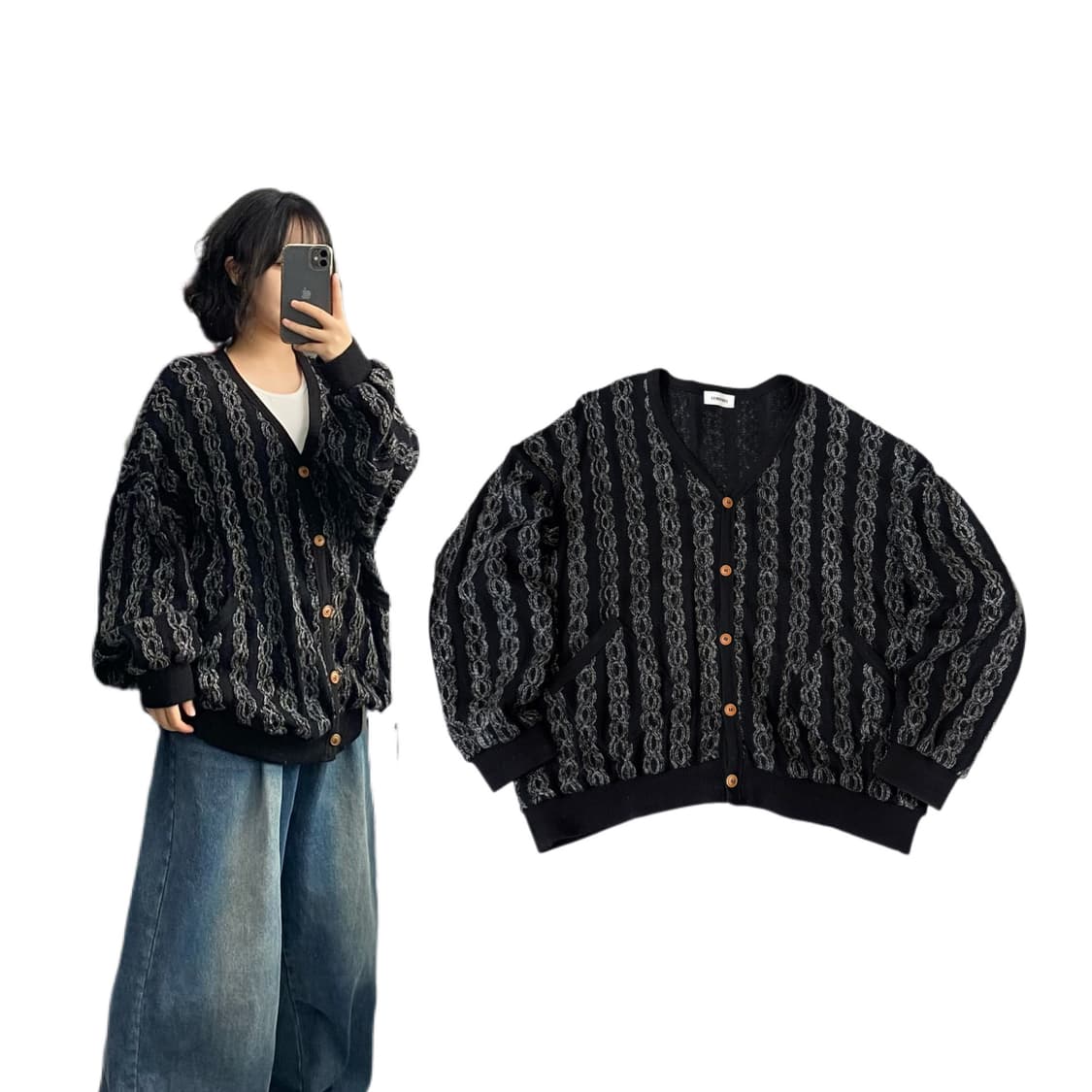 JPN 제팬 쿠지맛 오버핏 케이블 니트 가디건 블랙 상품이미지1
