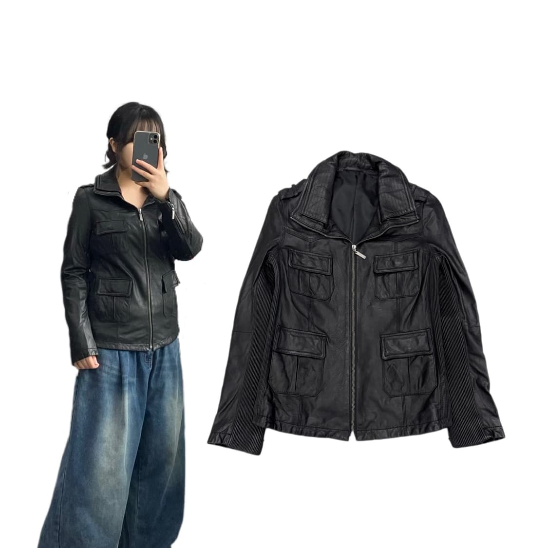 멀티포켓 딱붙 리얼레더 하이넥 바이커 가죽자켓 상품이미지1
