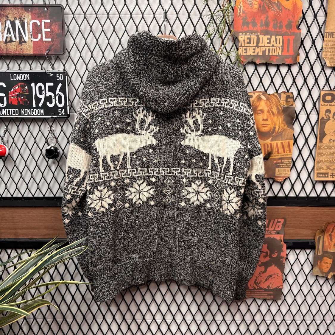 JPN VINTAGE 빈티지 사슴 코위찬 니트 후드 집업 자켓 그레이 상품이미지2