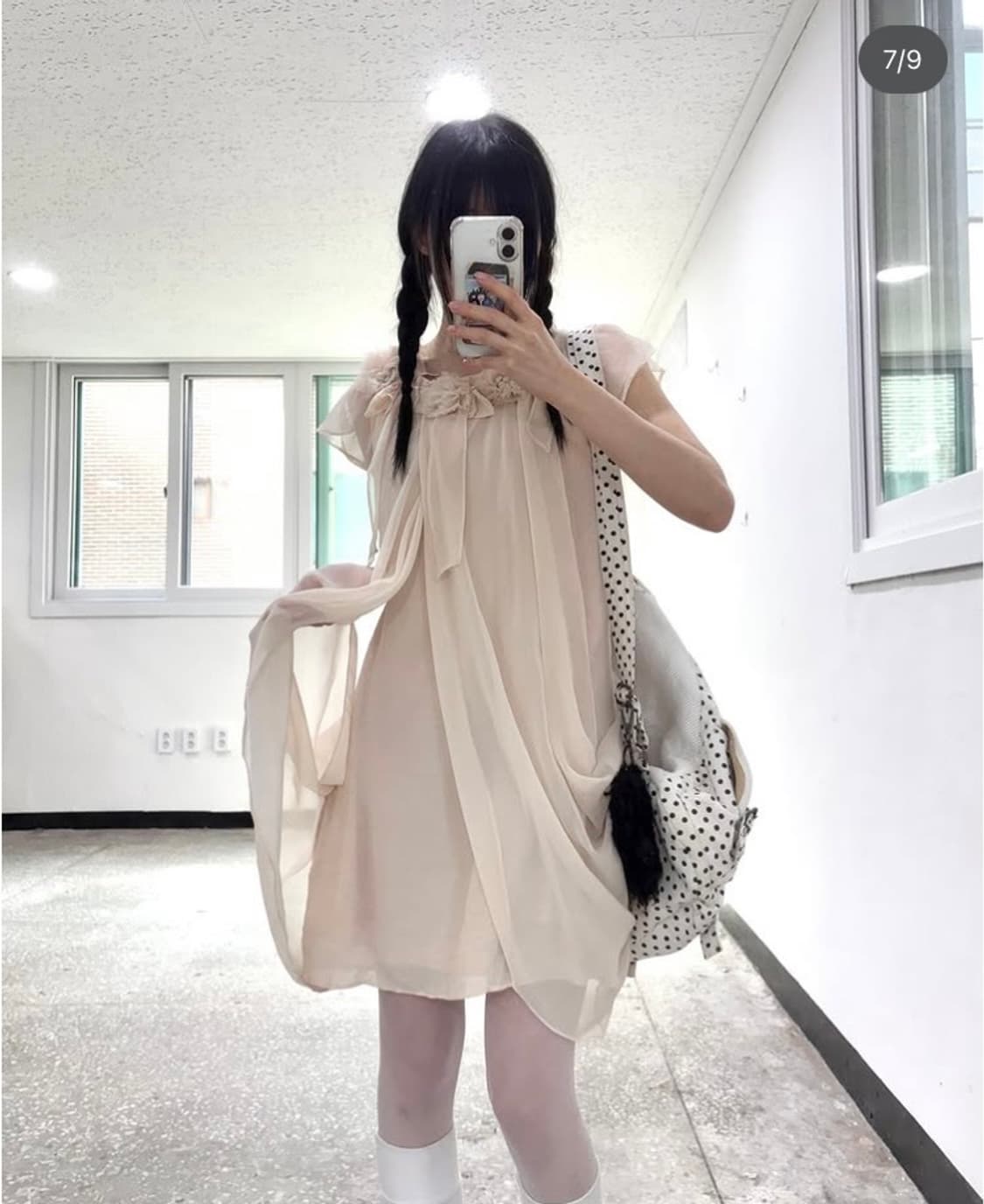 히메갸루 핑크베이지 레이스 프릴 레이어드 원피스 상품이미지2