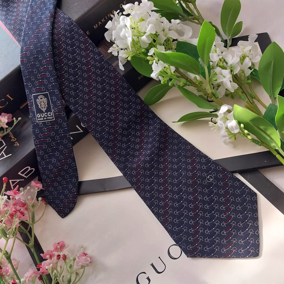 구찌 실크 네이비 홀스빗 패턴 넥타이 8.6cm A등급 K1861 상품이미지2