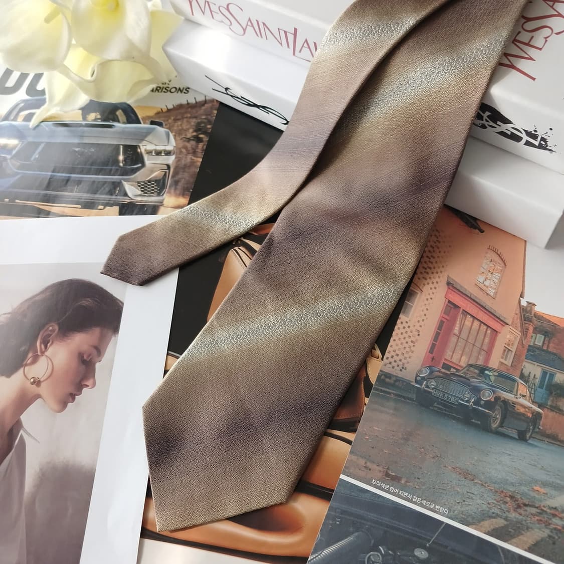 입생로랑 실크 골드브라운 그라데이션 넥타이 9.5cm A+등급A18814 상품이미지3