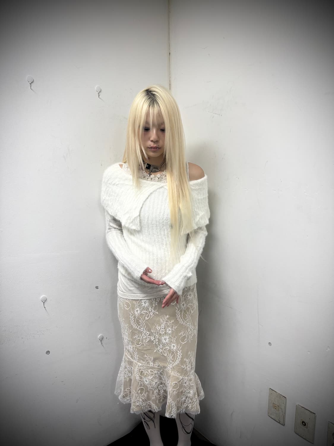 “Vintage” 00‘s Off Shoulder White Knit S 상품이미지6