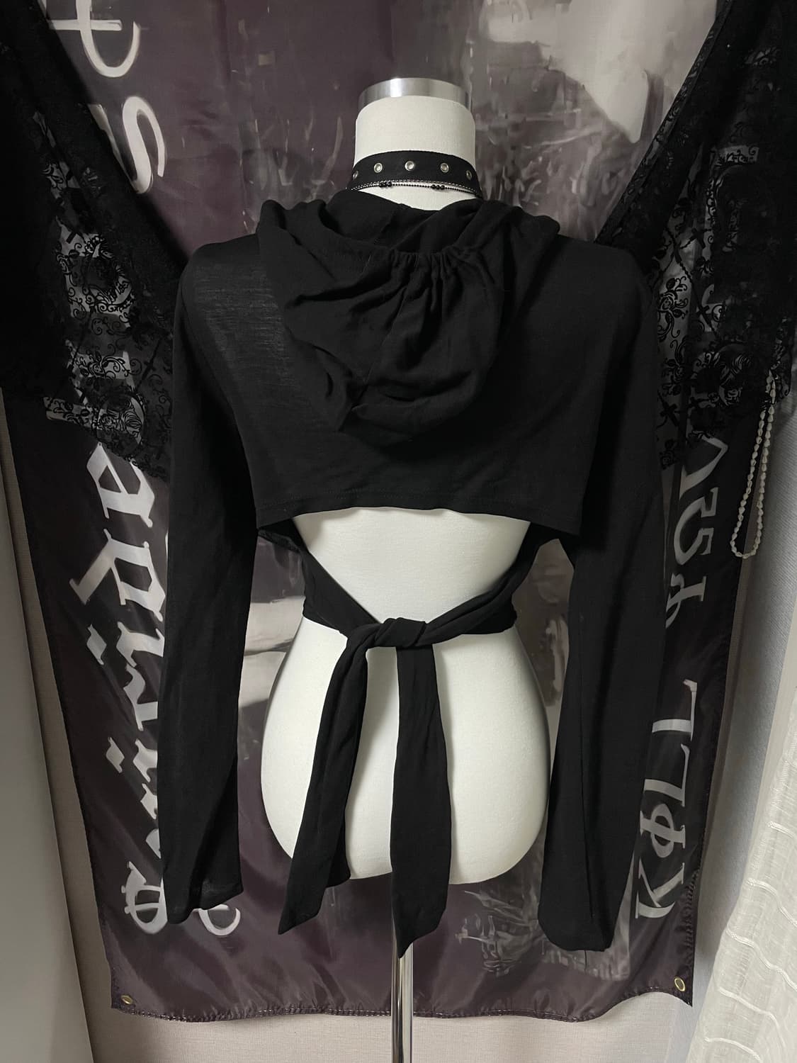 빈티지 시스루 크롭 후드 백포인트 레이어드 롱슬리브탑 00s 2010고스 상품이미지3